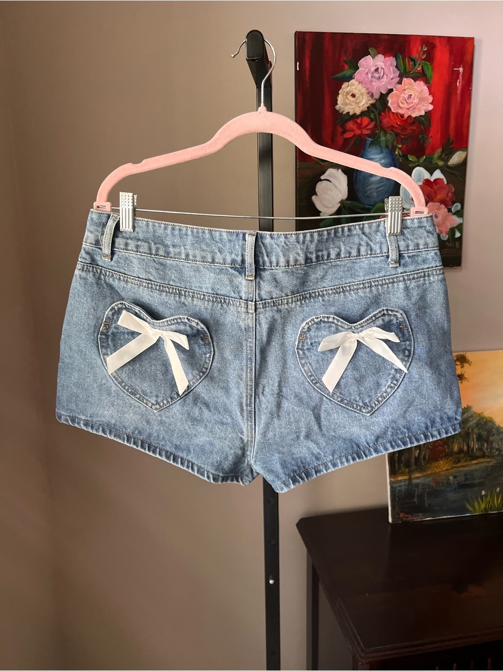 Edikted Coquette Light Blue Denim Shorts with Heart Pockets and Bows